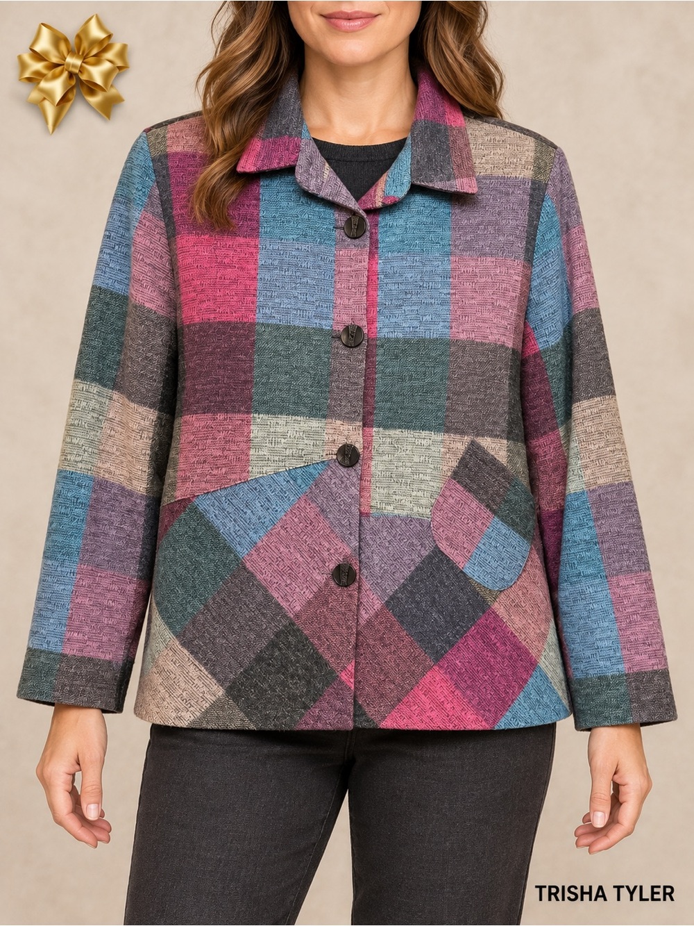 Trisha Tyler Multicolor Plaid Knit Cardigan Jacket Medium Wearable Art